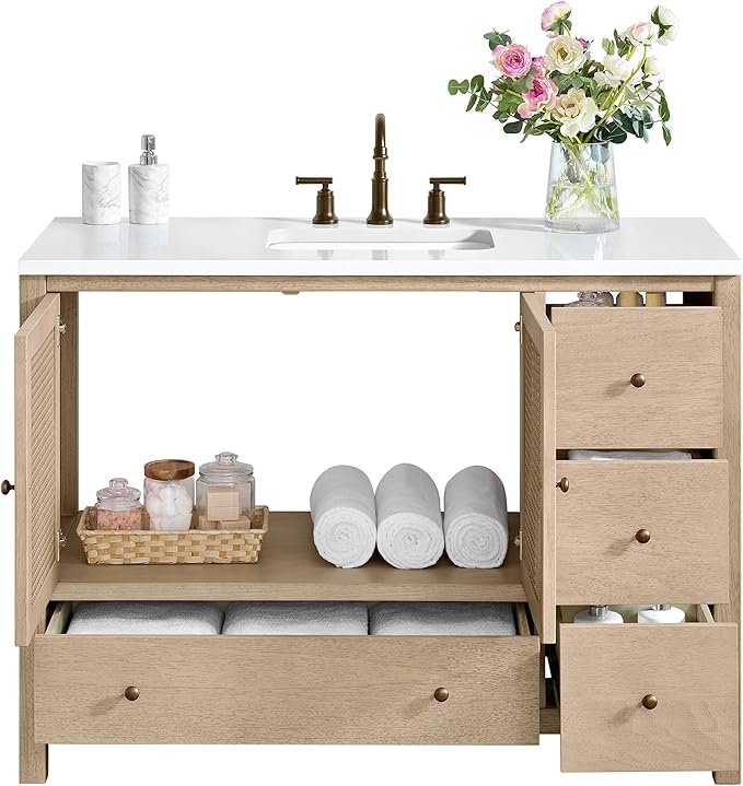 Alaterre Furniture Lucca Bathroom Vanity - Freestanding Cabinet Without Sink - 48 Inch Wood Bathroom Vanity with Large Bottom Drawer, 3 Small Drawers, and Soft-Close Doors (Natural)