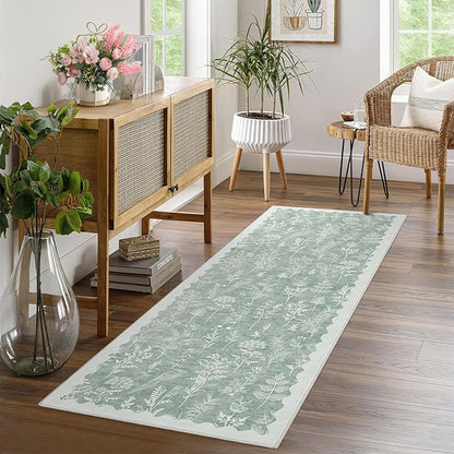 GarveeHome Washable 2x6 Runner Rugs for Bathroom Floral Kitchen Rug Neutral Scalloped Carpet, Non-Slip Hallway Rug Stain Resistant Modern Low-Pile Carpet for ‎Laundry Bedside Entryway(2x6 ft,Green)