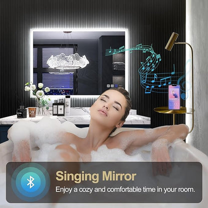 SBAGNO 24''x32'' LED Bathroom Mirror with Lights, Bathroom Vanity Wall Mirror with Bluetooth, Anti-Fog, Stepless Dimmable, 3 Colors, Tempered Glass Lighted Vanity Smart Mirror for Bathroom
