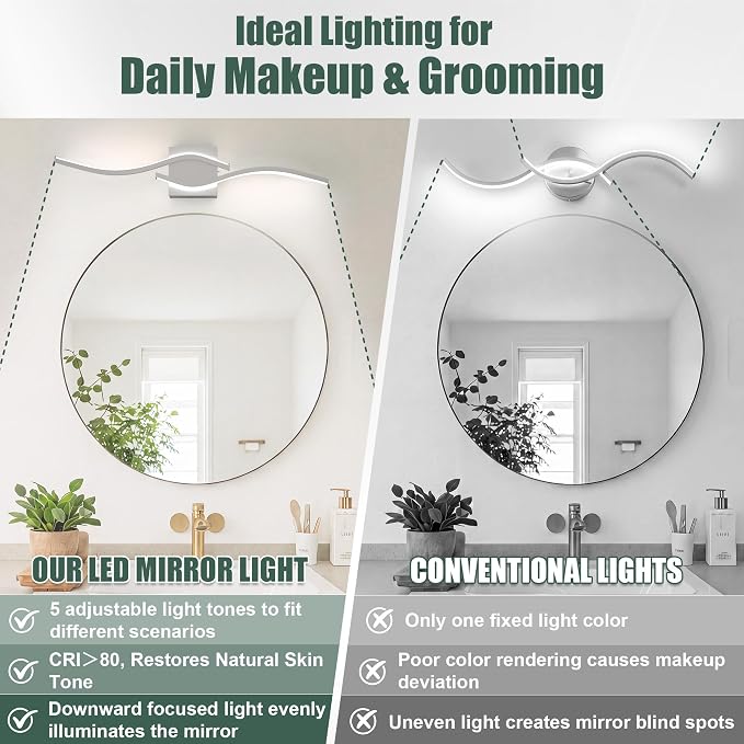 LED Bathroom Vanity Light Dimmable 5CCT 40in, Brushed Nickel | 2700K-6500K Selectable, CRI>80, Rust-Proof Metal & Acrylic, ETL Certified, For Bathroom Mirrors, Washrooms, Vanity Areas