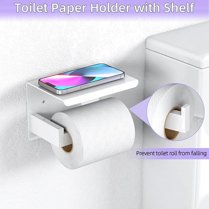 5-Pieces Bathroom Hardware Accessories Set, 24 Inch Stainless Steel Towel Racks for Bathroom, Towel Bar Set Towel Ring Coat Hook and Toilet Paper Holder with Shelf Wall Mounted, White