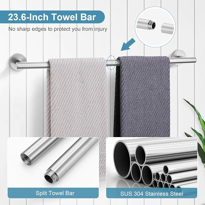 TQKAG Brushed Nickel Bathroom Hardware Set, 6-Piece Towel Bar Set 23.6 Inch | Towel Bar Set, Wall Mounted, Bathroom Accessories Set Include Paper Holders, Towel Rings, Towel Hooks, SUS304 Stainless Steel