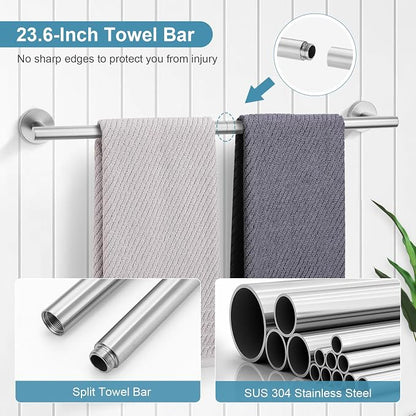 TQKAG Brushed Nickel Bathroom Hardware Set, 6-Piece Towel Bar Set 23.6 Inch | Towel Bar Set, Wall Mounted, Bathroom Accessories Set Include Paper Holders, Towel Rings, Towel Hooks, SUS304 Stainless Steel