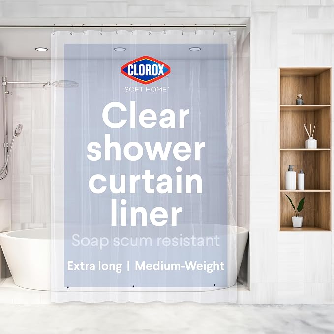 Clorox Shower Curtain Liner, Premium Medium-Weight Durable Waterproof 6g PEVA for Bathroom with Weighted Magnets, Extra Long 72" x 96", Clear 1 Pack