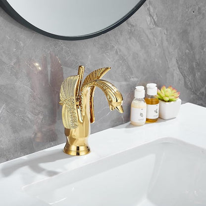 Gold Bathroom Faucet GGStudy Swan Shape Single Handle One Hole Bathroom Vanity Faucet Basin Tap Deck Mount Lavatory
