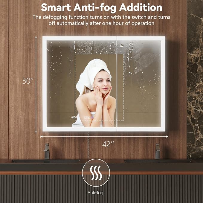 42 in. W Smart Lighted Medicine Cabinet with Mirror for Bathroom, Recessed/Surface Mount Medicine Cabinet with Anti-Fog, 1800W Charging Station, USB Ports, 3 Color Lights