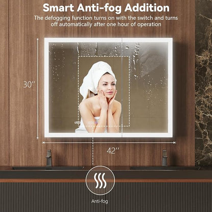 42 in. W Smart Lighted Medicine Cabinet with Mirror for Bathroom, Recessed/Surface Mount Medicine Cabinet with Anti-Fog, 1800W Charging Station, USB Ports, 3 Color Lights
