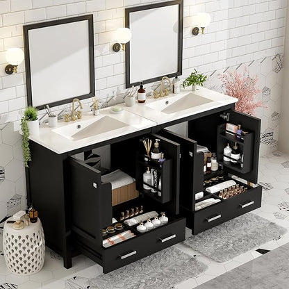 LUMISOL 60" Bathroom Vanity with Double Sink, Solid Wood Bathroom Cabinet with 2 Drawers, Storage Racks & 2 Cabinets, Separate Two 30 Inch Bathroom Vanities with Double Ceramic Sinks, Black