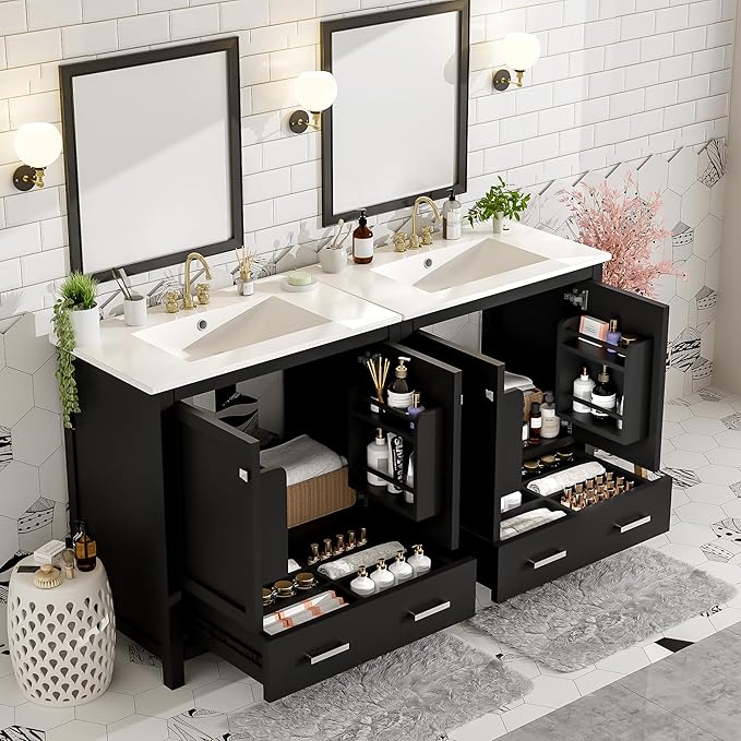 60" Black Bathroom Vanity with Double Sink, 60 Inch Bathroom Vanity Set with Double Vanities (Separate), 2 Bathroom Vanities with Sink, Storage Shelf, and Divided Drawers (Mirror not included)