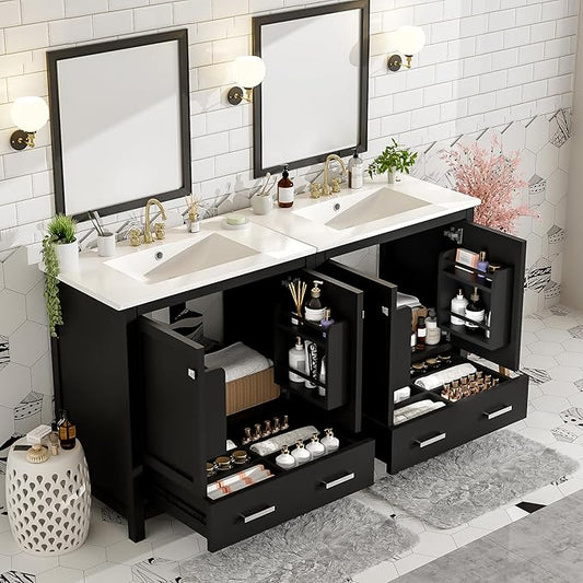 60" Black Bathroom Vanity with Double Sink, 60 Inch Bathroom Vanity Set with Double Vanities (Separate), 2 Bathroom Vanities with Sink, Storage Shelf, and Divided Drawers (Mirror not included)