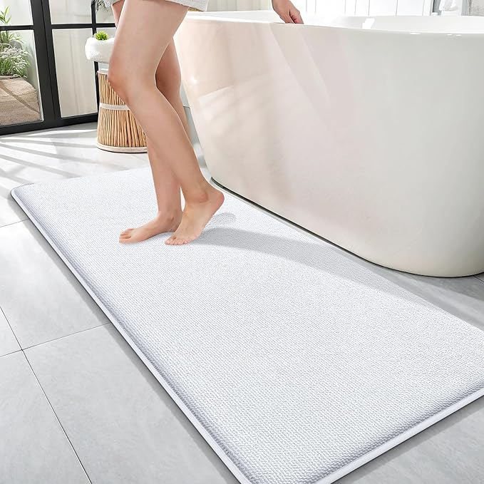 OLANLY Memory Foam Bathroom Runner Rugs 47x17, Absorbent Long Mat, White | Soft Quick Dry Bath Rugs, Non-Slip Carpet, Machine Washable Mat for Bathroom Floor, Tub and Shower, Home Decor Accessories