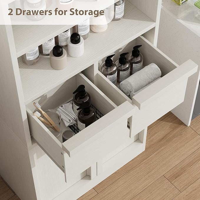 GAOMON 51" Tall Bathroom Storage Cabinet, Floor Cabinet with Doors & 2 Drawers, Organizer Cabinet Freestanding for Bathroom, Living Room, Kitchen & Pantry, White