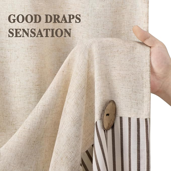 Farmhouse Shower Curtain Linen Beige Button Brown Stripe 72"W x 78"L | Farmhouse Style, Chic Button, Striped, Linen Fabric, Rustic, Country, Natural Look, Washable, for Bathroom Bathtub