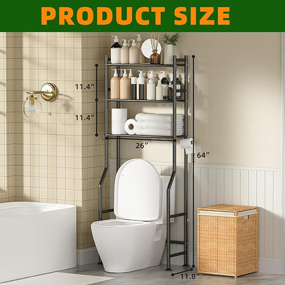 3-Tier Over Toilet Storage with Anti-Tilt Safety System - 150lb Total Capacity Metal Bathroom Shelves Including Paper Holder & 4 Hooks, Space Saving Above Commode Organizer (64" H, Snow Black)