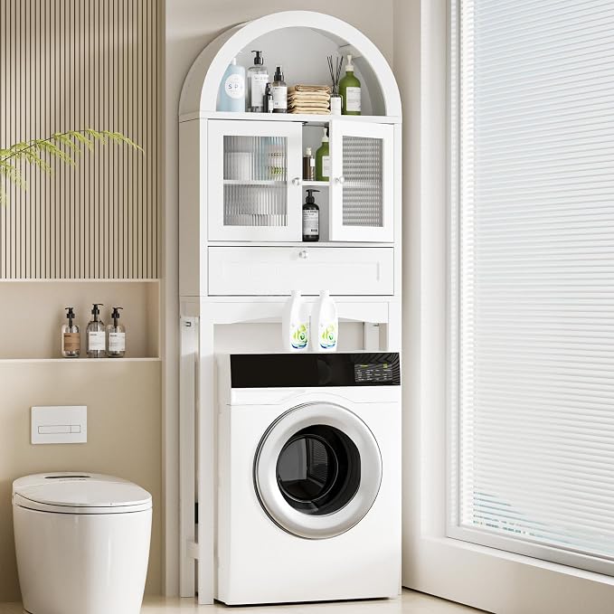 Spurgehom Over The Toilet Storage Cabinet with Glass Door (White) | Freestanding Bathroom Shelf Equipped with Anti-Tipping Device, Space-Saving Vertical Toiletries Storage Cabinet