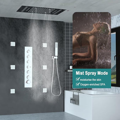 HOMEDEC LED Multi Functions Full Body Shower System with 6pcs Body Jets Spray with（Up/Down ）Shower Spout, Large 3 In 1 Modes 14x20inch Showerhead, Rainfall Mist Shower Faucet Set Complete, Chrome