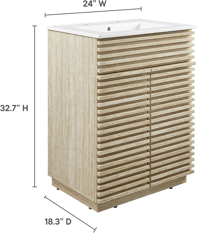 Modway Render Faux Travertine Slatted 24 Inch Bathroom Vanity in White with Sink Combo - Mid-Century Modern Single Sink Bathroom Vanity - Vanity Cabinet with Soft-Close Doors