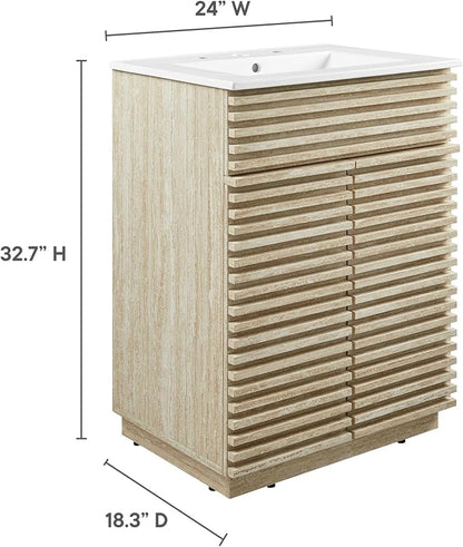 Modway Render Faux Travertine Slatted 24 Inch Bathroom Vanity in White with Sink Combo - Mid-Century Modern Single Sink Bathroom Vanity - Vanity Cabinet with Soft-Close Doors