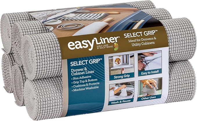 EasyLiner Select Grip Shelf Liner - Easy to Install & Cut to Fit - Non Slip, Non Adhesive, Drawer Shelf & Cabinet Liner for Kitchen, Bathroom, Pantry Cupboards - 12in. x 10ft. - Grey - 6 Rolls