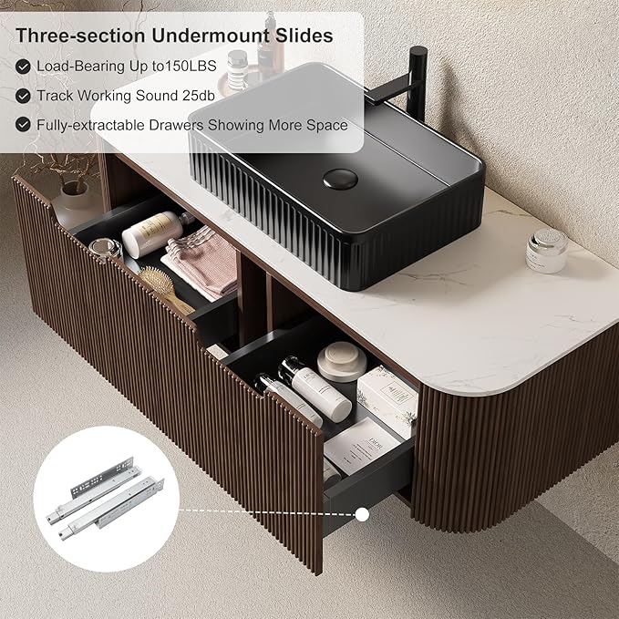 48" Floating Bathroom Vanity with Sink, Wall-Mount Cabinet with 2 Large Storage Drawer, Black Rectangular Ceramic Basins and Marble Top, Soft-Close Design, Dark Walnut