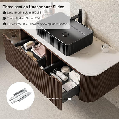 48" Floating Bathroom Vanity with Sink, Wall-Mount Cabinet with 2 Large Storage Drawer, Black Rectangular Ceramic Basins and Marble Top, Soft-Close Design, Dark Walnut