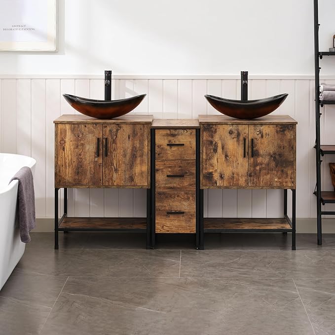 UEV Rustic Brown 60" Double Bathroom Vanity with Sink Combo,Industrial Iron Frame 2 Main Bathroom Vanity with Middle 3 Drawers Cabinet,Modern Brown Boat Tempered Glass Vessel Sink(029BR)