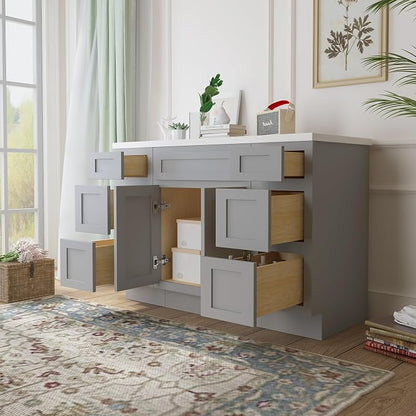 57 Inch Bathroom Vanity Base Only, Single Vanity Cabinet with 5 Dove-Tailed Drawers, Soft-Closing Doors, Gray, Without Top,Small