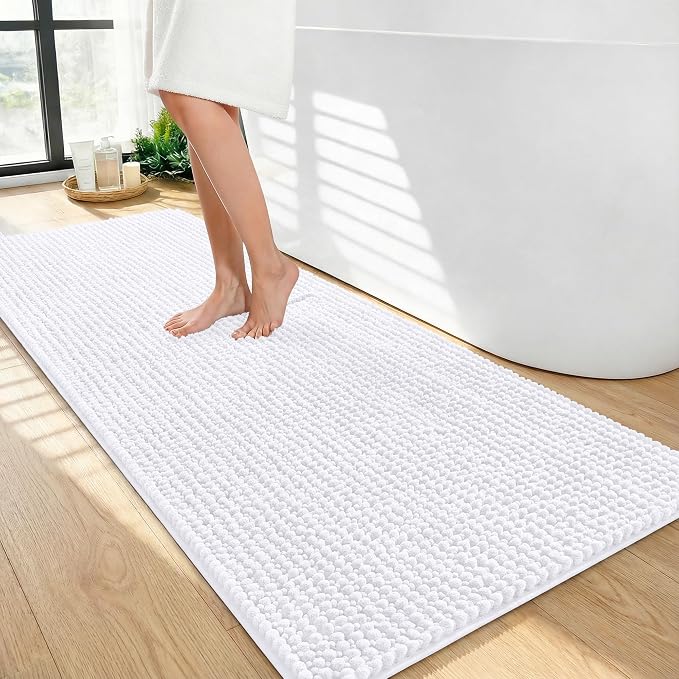 OLANLY Thick Chenille Bathroom Runner Rugs 44x24, Absorbent Bath Mat, White | Soft Bath Rugs, Rubber Backing, Machine Wash Dry, Bath Mats for Bathroom, Tub and Shower, Home Decor Accessories