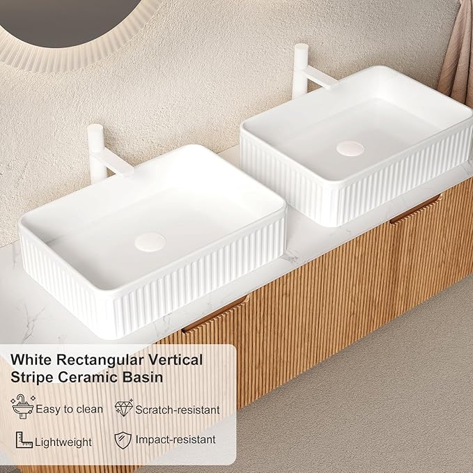 60 Inch Bathroom Vanity with Double Sink, Floating Bathroom Cabinet with White Rectangular Ceramic Basin and Marble Top, 2 Large Soft-Closing Storage Drawers, Pre-Assembled, Nature Wood