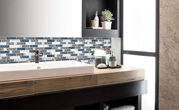 Glass Tiles Backsplash Subway Blue Mosaic Tile for Kitchen Bathroom Walls (Pack of 5 Sheets)