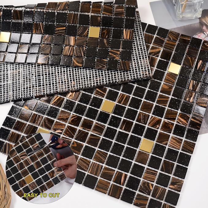 11.5 sq.ft Black Brown Glass Mosaic Tile for Bathroom, Pool, Backsplash | Waterproof Wall & Floor Tile. Heat & frost resistant outdoors. Mesh-mounted easy install. Use any grout. Easy clean. 10pcs.