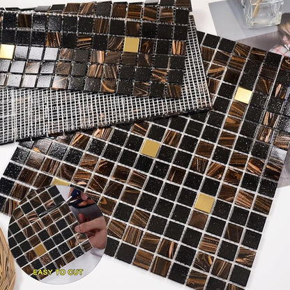 11.5 sq.ft Black Brown Glass Mosaic Tile for Bathroom, Pool, Backsplash | Waterproof Wall & Floor Tile. Heat & frost resistant outdoors. Mesh-mounted easy install. Use any grout. Easy clean. 10pcs.