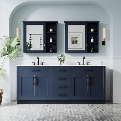 80-Inch Bathroom Vanity with Double Sinks W/ 4 Doors & 4 Drawers & 2 Flip Drawers, Navy Blue Vanity W/Matte Black Handles