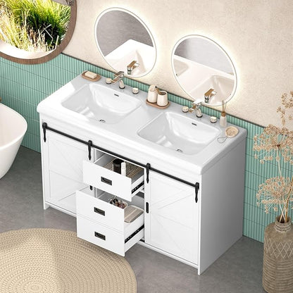48 Inch Bathroom Vanity with Doulble Sink, Bathroom Vanity Cabinet with 2 Sinks, White Bath Vanities with 2 Sliding Doors (20" D x 48" W x 36" H)