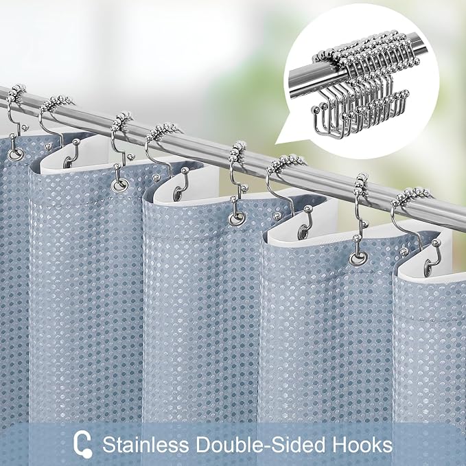 3 in 1 Fog Blue Shower Curtain with PEVA Liner, 12 Hooks, 72x72 | Luxury Weighted Fabric Shower Curtain Set, 12 Stainless Steel Double-Sided Hooks, Water Repellent, Bathroom Decor