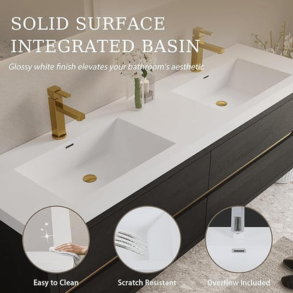 Abruzzo 72" Espresso Wood Wall-Mounted Bathroom Vanity with Double Sink – Stone Resin Countertop & Soft-Close Drawers, Waterproof Wood Cabinet for Bathrooms