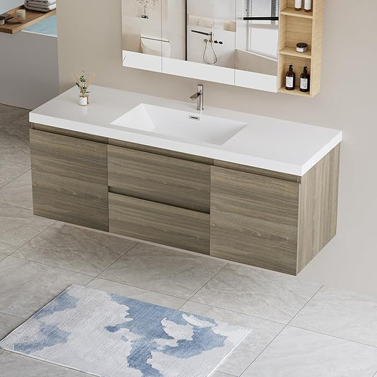 Wall Mounted 60 Inch Bathroom Vanity with Sink, Floating Vanity Bathroom, Single Sink Bathroom Vanity, 2 Drawers, 2 Soft Closing Doors, Resin Integrated Sink (Ash Grey)
