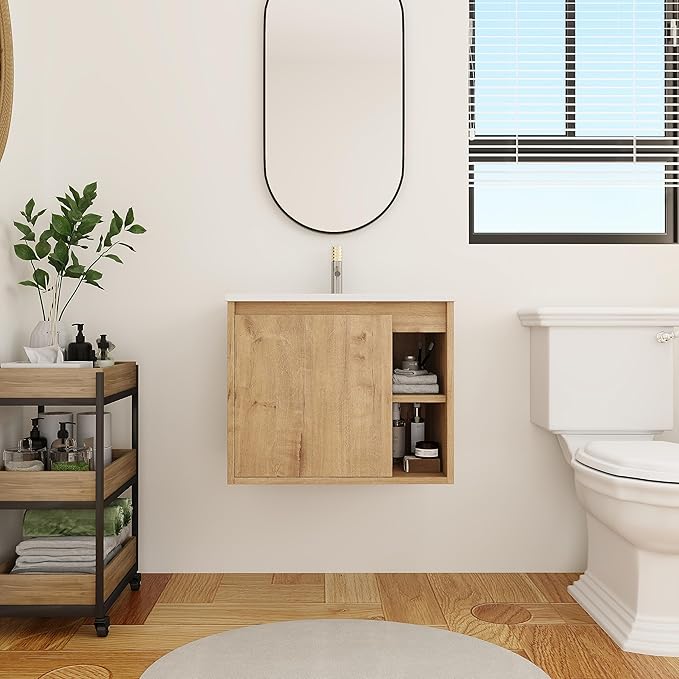 24 Inch Bathroom Vanity with White Sink Combo,Wall-Mounted Bathroom Vanity 1 Door&Right Side Shelf for Small Space, Modern Floating Bathroom Cabinet with Top Basin,Brown