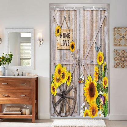 Rustic Spring Summer Sunflowers Butterfly Shower Curtain for Stall Cabin, Wooden Board Western Barn Door RV Bath Curtain, Fabric Vintage Daisy Floral Botanical Decor Curtain with Hooks 36X70IN