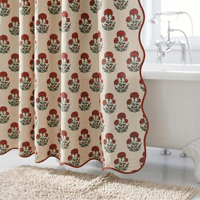 Boomkin Block Print Scalloped Shower Curtain Set with 12 Hooks | Red Shower Curtain Linen Textured Cottage Core Floral Bathroom Curtain for Vintage Farmhouse Bathroom 72 x 72 Inch