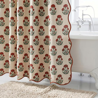 Boomkin Block Print Scalloped Shower Curtain Set with 12 Hooks | Red Shower Curtain Linen Textured Cottage Core Floral Bathroom Curtain for Vintage Farmhouse Bathroom 72 x 72 Inch
