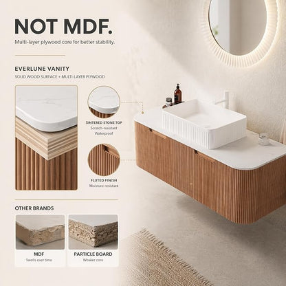 48 Inch Bathroom Vanity with Sink, Floating Wall Mounted Single Sink Vanity, Natural Woodgrain Curved Fluted Front, Stone Top, White Textured Rectangular Vessel Basin, Pre-Assembled