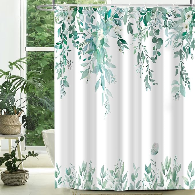 Teal Floral Eucalyptus Shower Curtain with Hooks, 72x72 Inch | Waterproof Fabric, Watercolor Leaves and Floral, Botanical Style, Machine Washable, Quick-Drying, for Hotel Bathroom