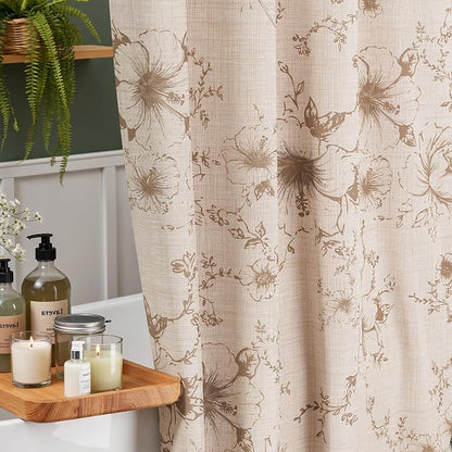 Vintage Beige Floral Shower Curtain with 12 Clear Rings - 72" W x 72" L | Farmhouse Fabric Faux Linen Shower Curtain Set, French Country Cottagecore Style Shower Curtain for Bathroom