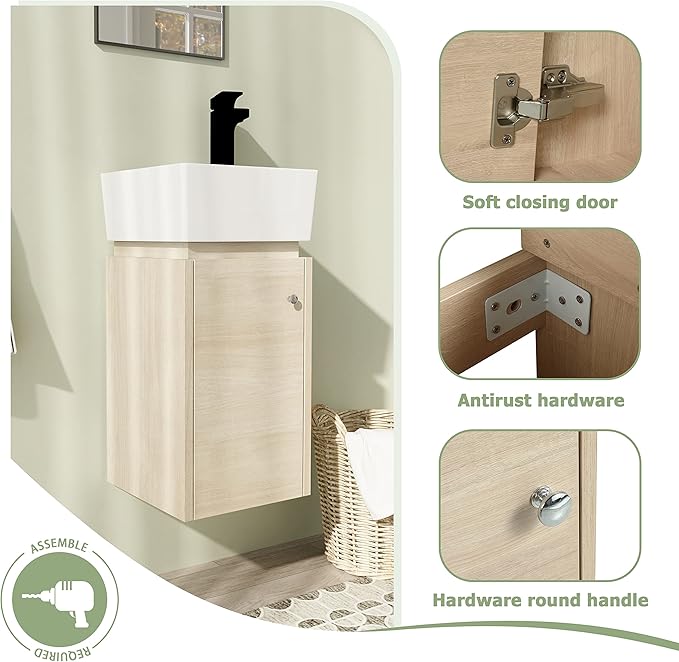 12" Bathroom Vanity with Sink, 12 Inch Floating Bathroom Vanity for Small Space, Modern Bathroom Vanity, White Wall Mounted Cabinet Set（045）