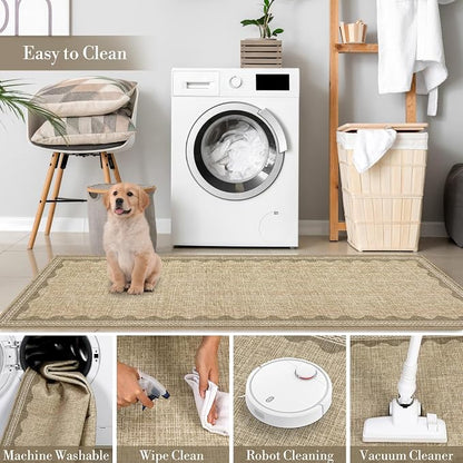 Garvee Modern Bordered Rugs for Living Room 8x10 Large Washable Rug Jute | Non Slip Low Pile Soft Carpet Foldable Non Shedding Stain Resistant Floor Cover for Bedroom Playroom Nursery Office Dorm