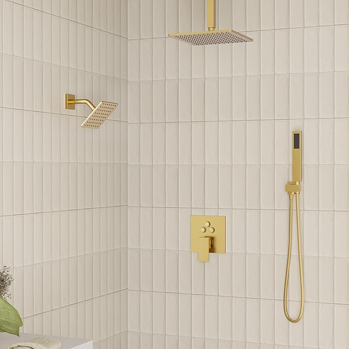 Gold Shower Faucet Set, Brushed Gold Shower System, 10'' Ceiling Shower Head and 6'' Wall Mounted ShowerHead, Dual Gold Shower Head with Handheld Combo, 3 In 1 Push Button Shower Diverter Valve