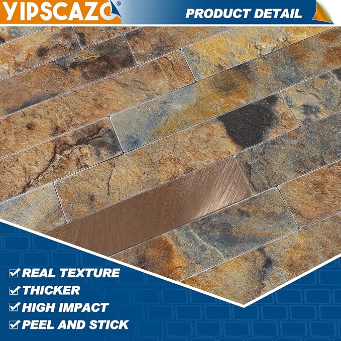 Yipscazo Peel and Stick Stone Metal Backsplash, Stick on Tiles for Backsplash Kitchen (Brown Stone Rock, 10-Pack)