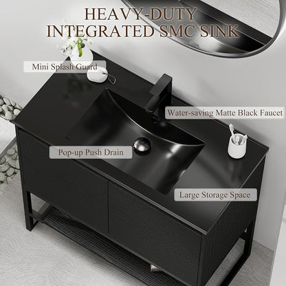 LUCKWIND 36" Modern Bathroom Vanity with Single Black Sink Combo, Freestanding Storage Cabinet with Metal Frame, Water-Saving Faucet and Open Shelf and 2 Soft-Closing Door, Black