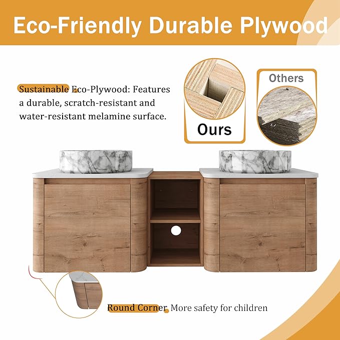 Malwee 60" Floating Bathroom Vanity with Sink, 60 Inch Wall Mounted Bathroom Cabinet Combo, Modern Double Sink Bath Storage Vanity Set, with 2 Soft Close Doors and Ceramic Vessel Basin Top(60-QQ